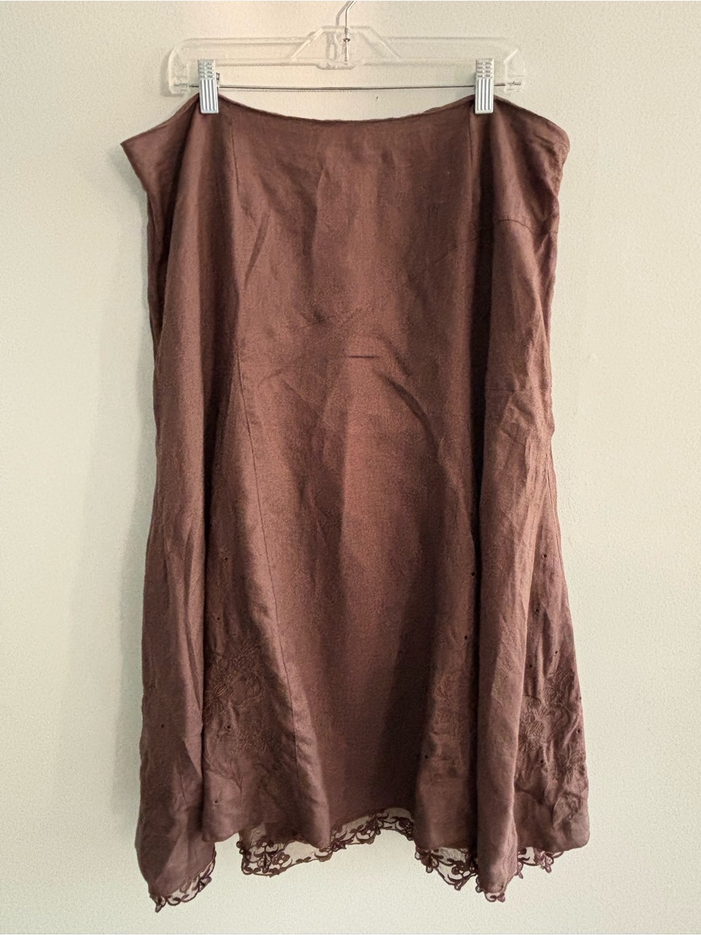 Studio Plus 100% Linen Brown Lace Hem Flare A-Line Skirt Size 18 Embroidered